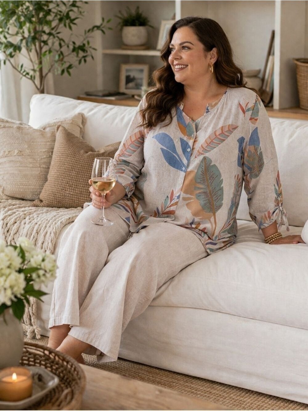 Cynthia Rowley Linen Tunic 2X, Boho Leaf Button Up Blouse